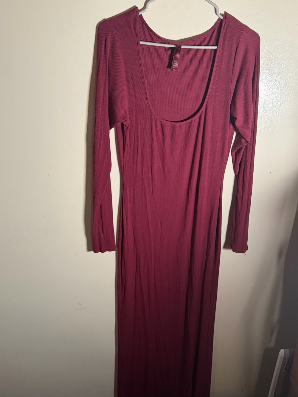 SKIMS Long Sleeve Scoop Neck Maxi Dress in Burgundy